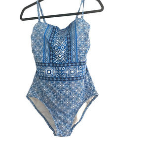 Land's End Blue and White Batik One Piece; Interior Padded Bra.  NWOT. Sz. 10